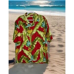 Tommy Bahama Camp Shirt 100% Silk Garden Hawaiian Beach Aloha Mute Check L